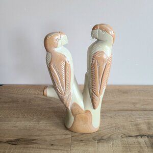 Vintage natural carved stone sculpture/stature of 2 parrots on the branch.